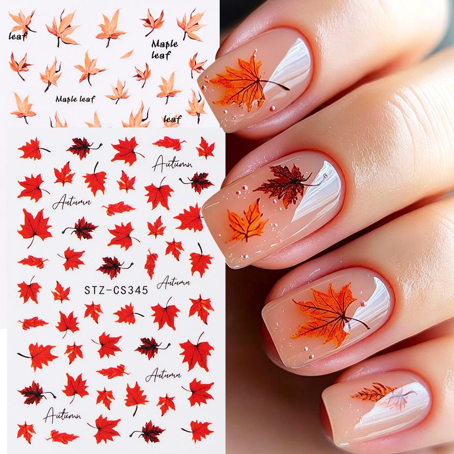 Nail Art Full Design - 2pcs Watercolor Orange Red Maple Leaf