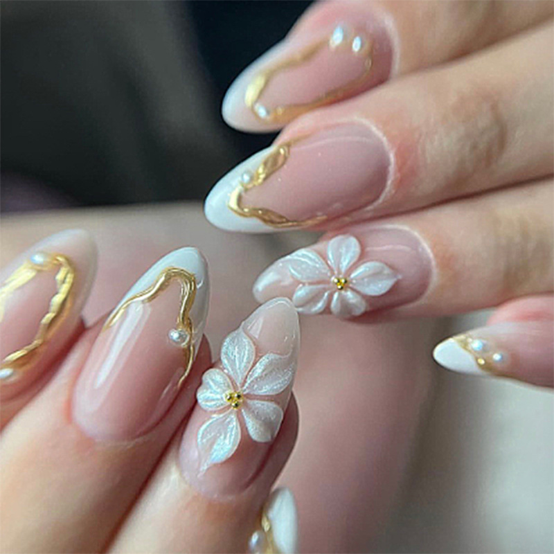 Nail Art Full Design - 24pcs Flower Long Almond Press on